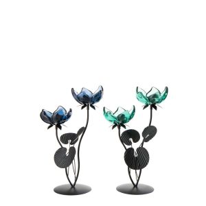 TEALIGHT HOLDER FLOWER IRON GREEN/BLUE LARGE ASSORTMENT OF 2