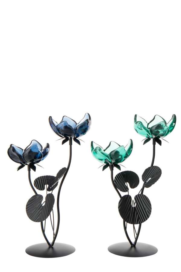 TEALIGHT HOLDER FLOWER IRON GREEN/BLUE LARGE ASSORTMENT OF 2