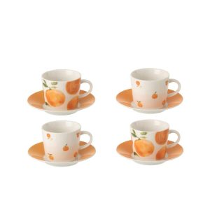BOX OF 4 COFFEE CUP  +  SAUCER ORANGE CERAMIC WHITE/ORANGE SMALL