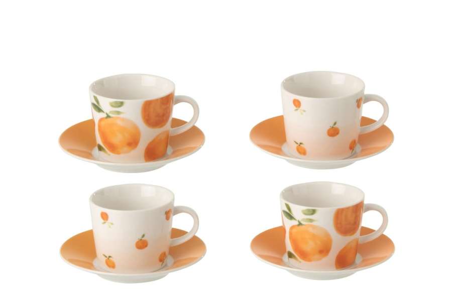 BOX OF 4 COFFEE CUP  +  SAUCER ORANGE CERAMIC WHITE/ORANGE SMALL