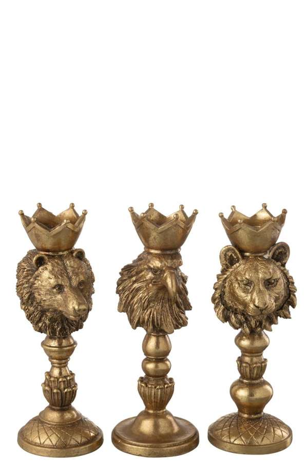 CANDLE HOLDER CROWN ANIMALS RESIN GOLD ASSORTMENT OF 3