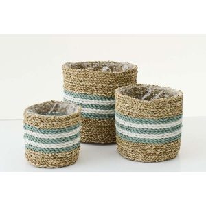 SET OF 3 FLOWERPOT STRIPED SEAGRASS NATURAL/TURQUOISE