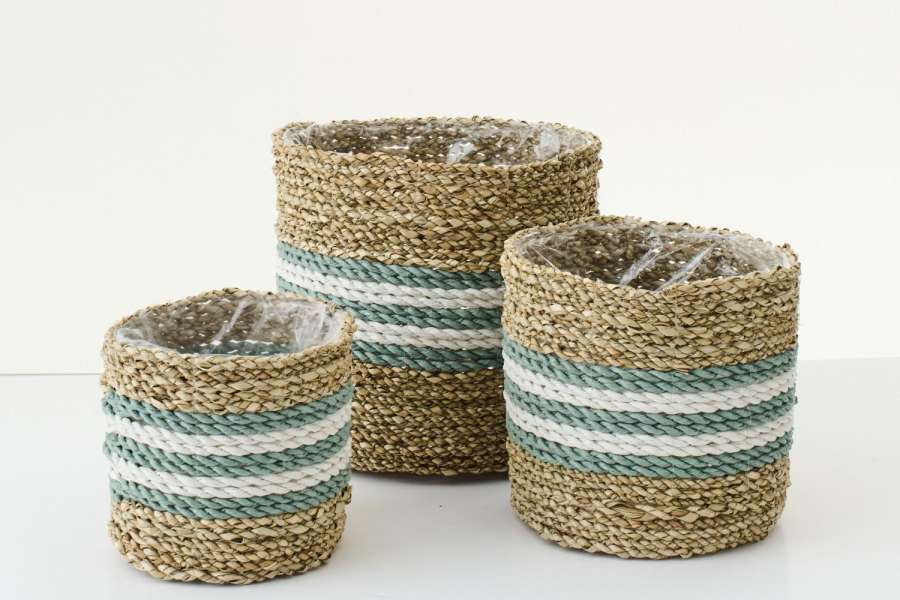 SET OF 3 FLOWERPOT STRIPED SEAGRASS NATURAL/TURQUOISE
