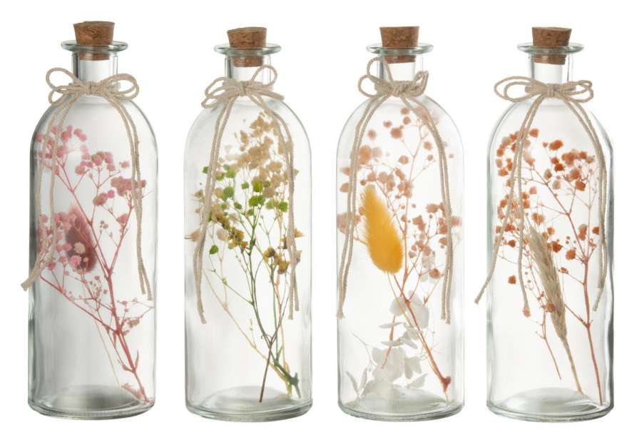 HANGING BOTTLES COLOURFUL DRIED FLOWERS GLASS MIX LARGE ASSORTMENT OF 4
