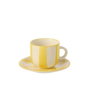 COFFEE CUP + SAUCER STRIPED STONEWARE YELLOW/WHITE