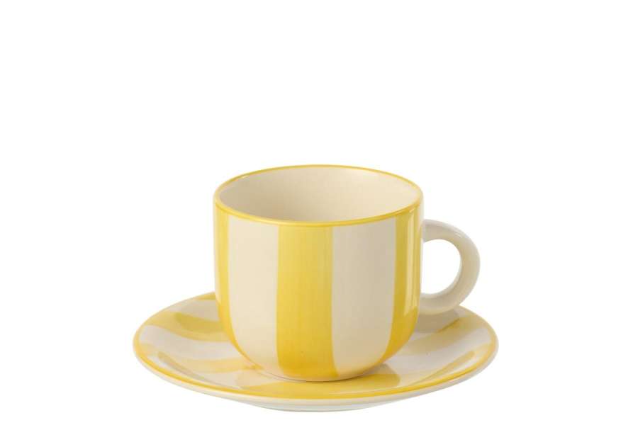 COFFEE CUP + SAUCER STRIPED STONEWARE YELLOW/WHITE