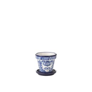 FLOWERPOT+PLATE GRANADA HANDMADE/HANDPAINTED CERAMIC COBALTO BLUE/WHITE SMALL