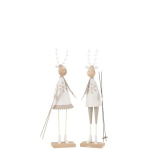 REINDEER DECO BOY/GIRL METAL/WOOD WHITE/BEIGE SMALL ASSORTMENT OF 2