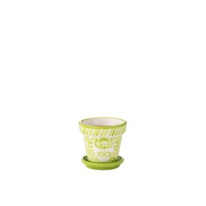 FLOWERPOT+PLATE GRANADA HANDMADE/HANDPAINTED CERAMIC GREEN/WHITE SMALL