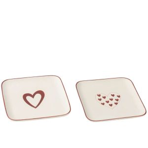 PLATE HEARTS PORCELAINE WHITE/RED ASSORTMENT OF 2