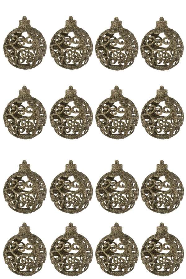 BOX OF 16 CHRISTMAS BAUBLE BAROQUE PATTERN PLASTIC BROWN
