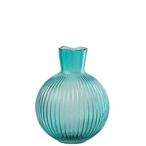 VASE BALL RIBBED GLASS TURQUOISE SMALL
