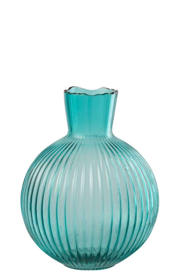 VASE BALL RIBBED GLASS TURQUOISE SMALL
