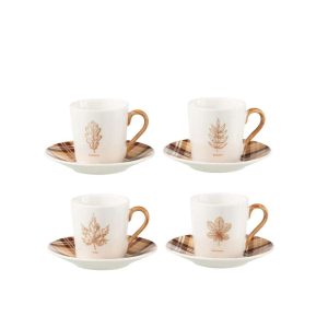 BOX OF 4 COFFEE CUP+SAUCER LEAF WINDOWNBOX CERANMICS BROWN SMALL