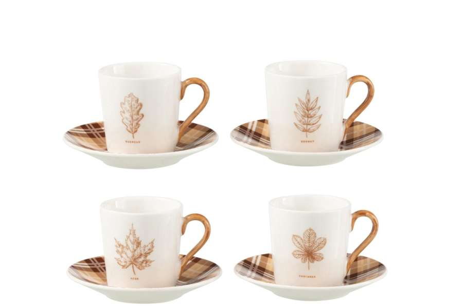 BOX OF 4 COFFEE CUP+SAUCER LEAF WINDOWNBOX CERANMICS BROWN SMALL