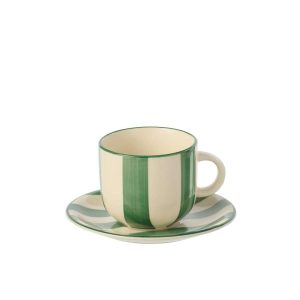 COFFEE CUP + SAUCER STRIPED STONEWARE GREEN/WHITE