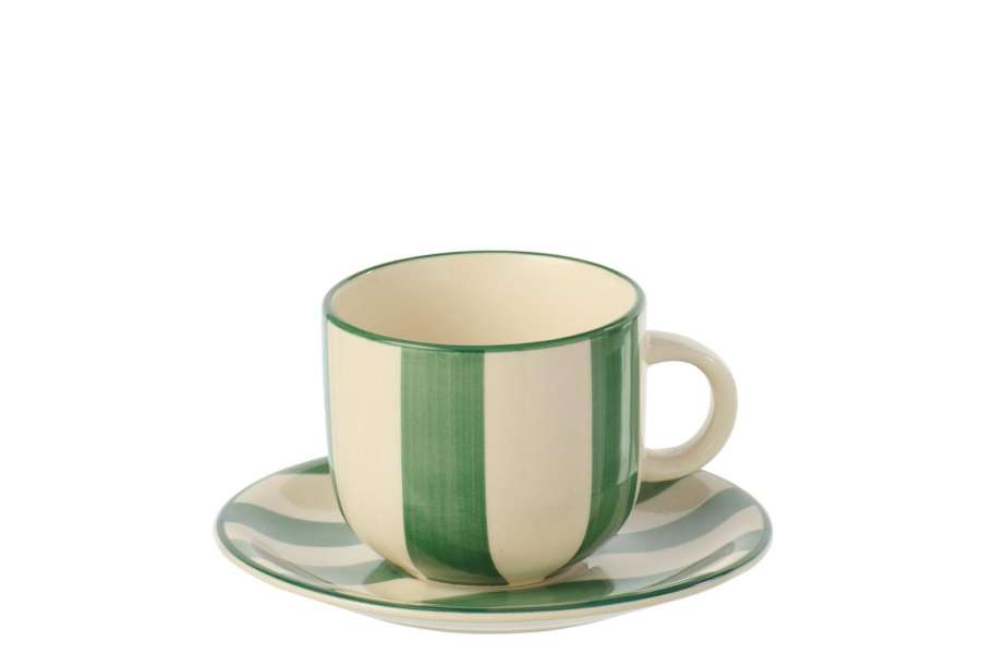 COFFEE CUP + SAUCER STRIPED STONEWARE GREEN/WHITE