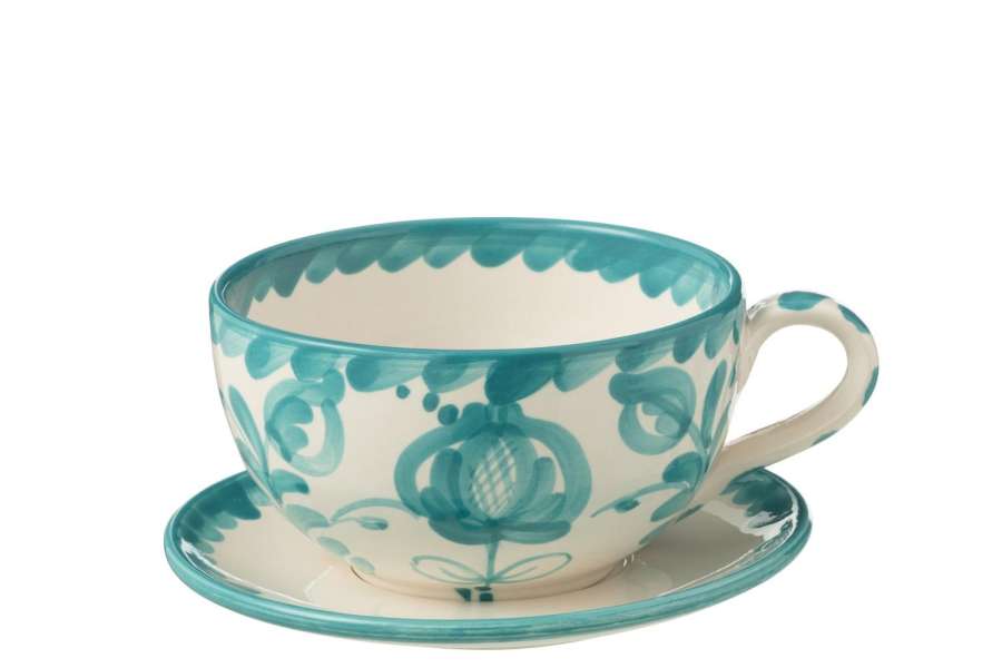 CUP+PLATE GRANADA CERAMIC WHITE/AQUA