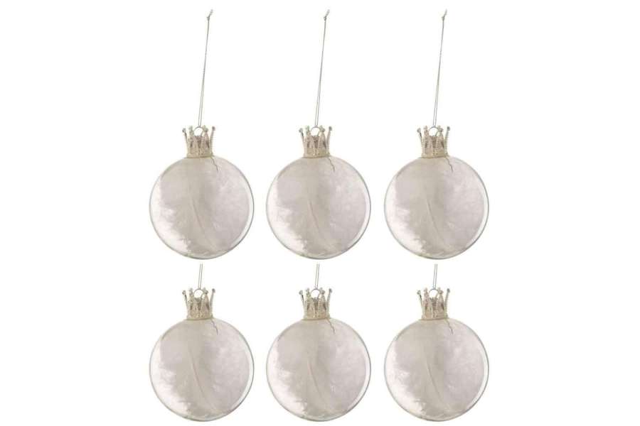 BOX OF 6 CHRISTMAS BAUBLES CROWN FEATHER WHITE GLASS CLEAR SMALL