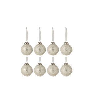 BOX OF 8 CHRISTMAS BAUBLES PEARL GLASS WHITE/SILVER SMALL