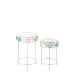 SET OF 2 SIDE TABLE FISH IRON LIGHT BLUE/WHITE