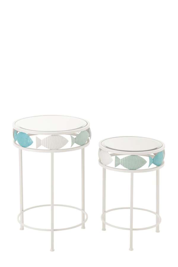 SET OF 2 SIDE TABLE FISH IRON LIGHT BLUE/WHITE