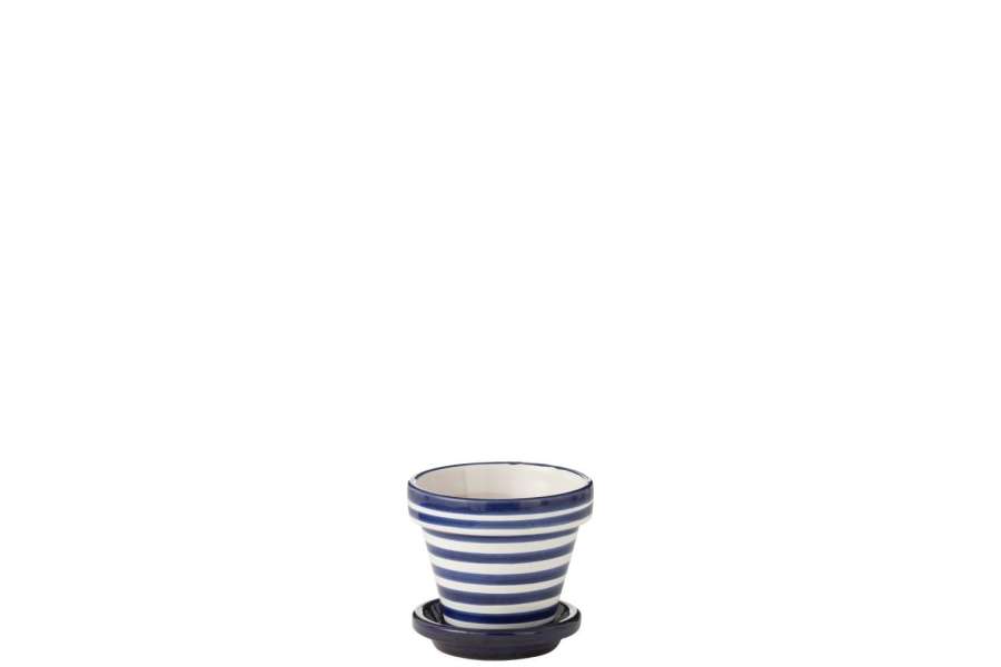 FLOWERPOT+PLATE GRANADA STRIPES HANDMADE/HANDPAINTED CERAMIC COBALTO BLUE/WHITE EXTRA SMALL