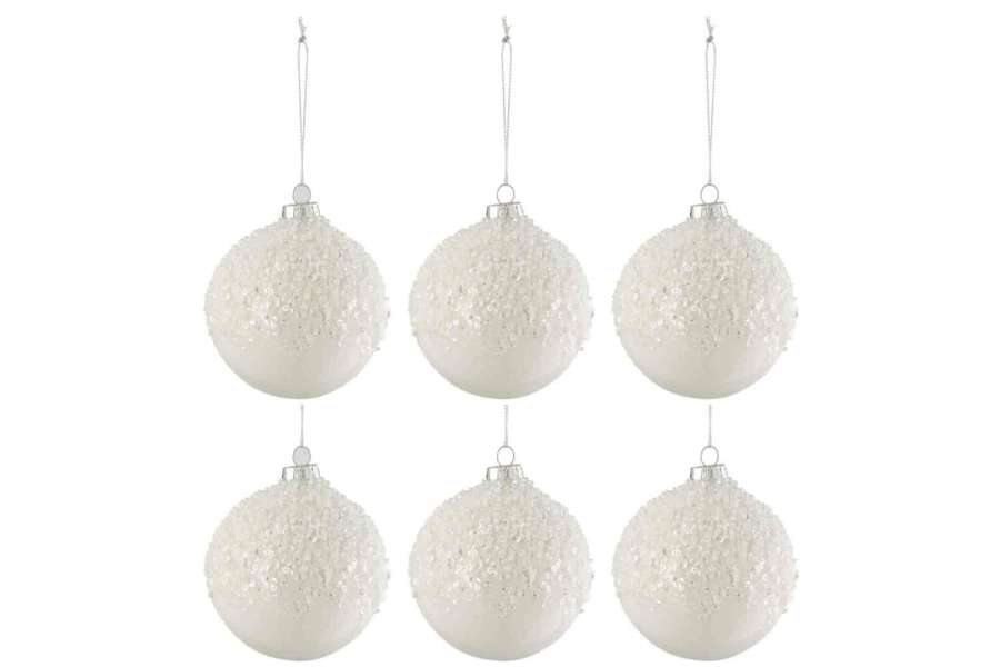BOX OF 6 CHRISTMAS BAUBLES SUGAR GLASS SHINY WHITE SMALL