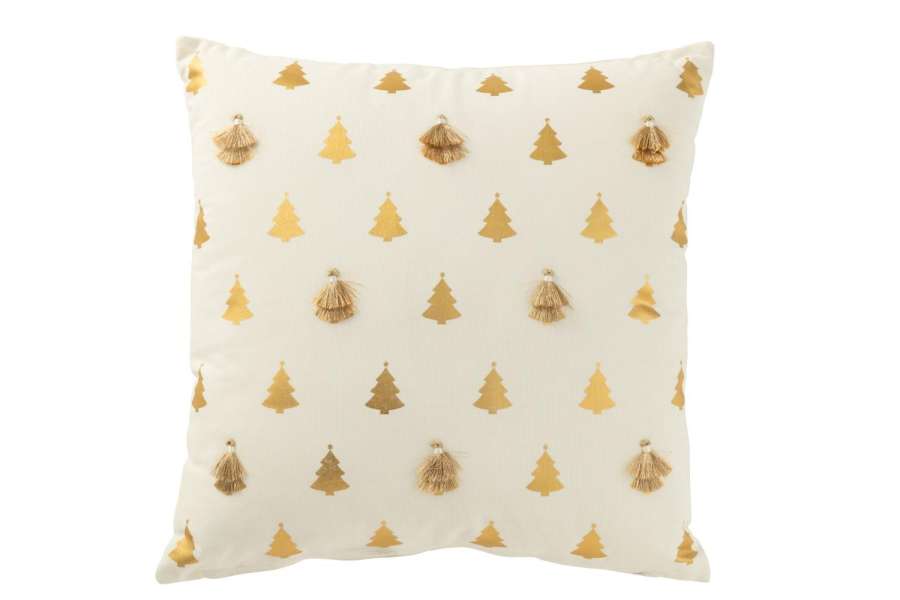 CUSHION CHRISTMAS TREES TASSELS COTTON WHITE/GOLD