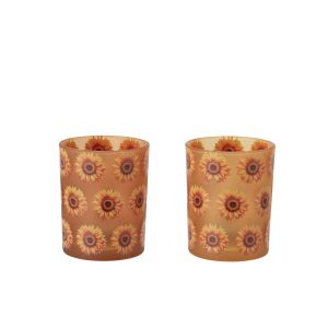 TEALIGHT HOLDER SUNFLOWER GLASS DARK ORANGE/LIGHT ORANGE MEDIUM ASSORTMENT OF 2