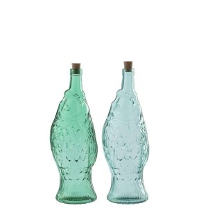BOTTLE GLASS EMERALD GREEN/AZURE BLUE ASSORTMENT OF 2