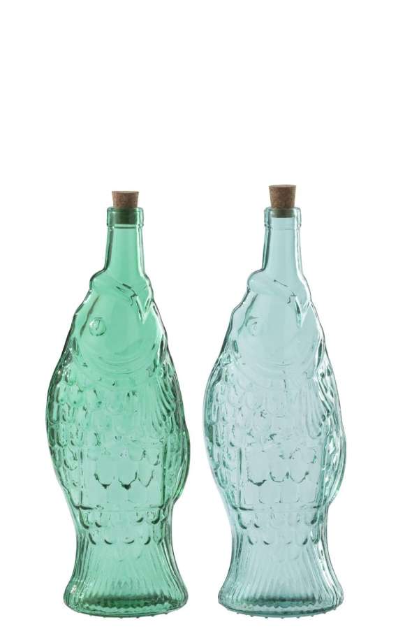 BOTTLE GLASS EMERALD GREEN/AZURE BLUE ASSORTMENT OF 2