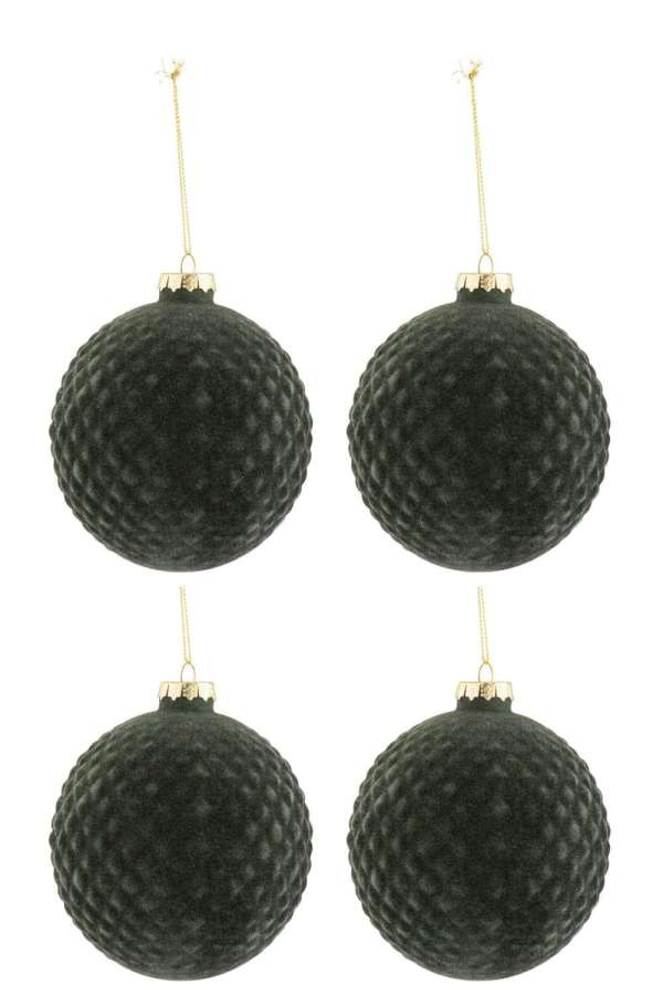 BOX OF 4 CHRISTMAS BAUBLES PATTERN VELVET GLASS DARK GREEN MEDIUM
