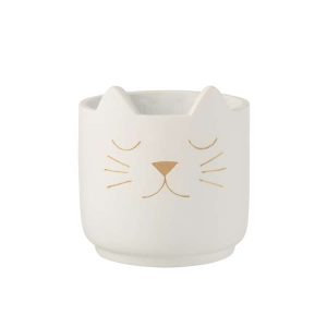 FLOWER POT CAT CEMENT WHITE GOLD LARGE
