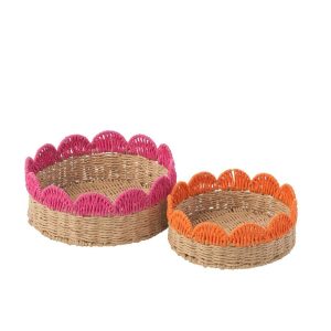 SET OF 2 DECORATIVE TRAY SCALLOPED EDGE PAPER PINK/ORANGE