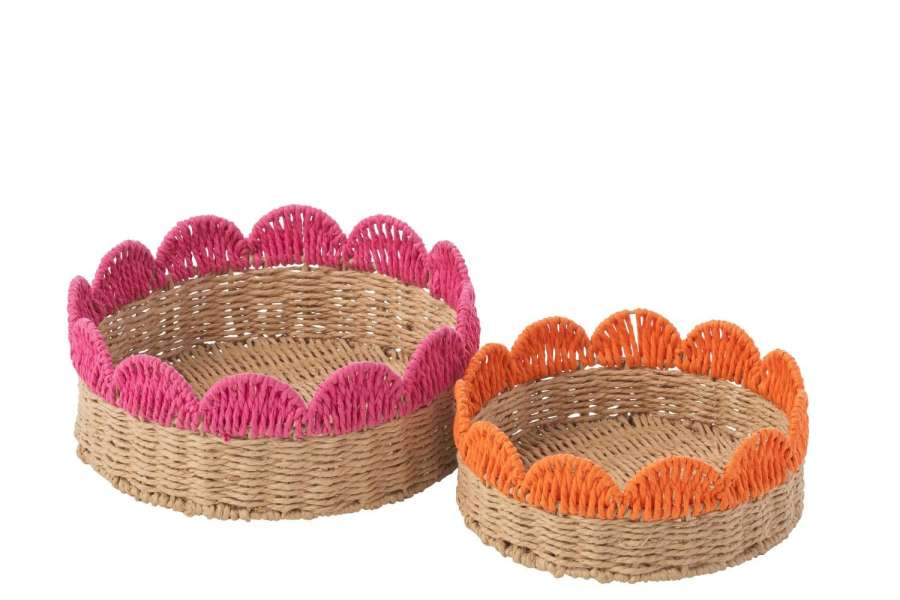 SET OF 2 DECORATIVE TRAY SCALLOPED EDGE PAPER PINK/ORANGE