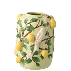 VASE BIRD/LEMONS CERAMIC GREEN/YELLOW LARGE