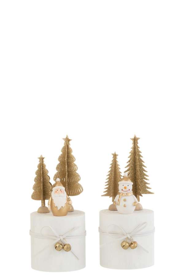 SANTA/SNOWMAN ON FOOT ROUND WOOD WHITE/GOLD ASSORTMENT OF 2