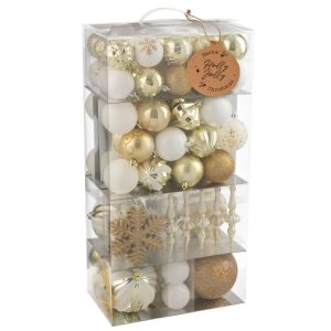 BOX OF 80 CHRISTMAS BAUBLE PLASTIC WHITE/GOLD COLORED