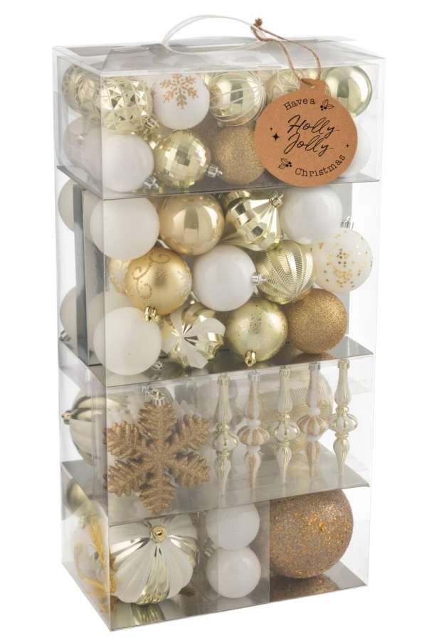 BOX OF 80 CHRISTMAS BAUBLE PLASTIC WHITE/GOLD COLORED