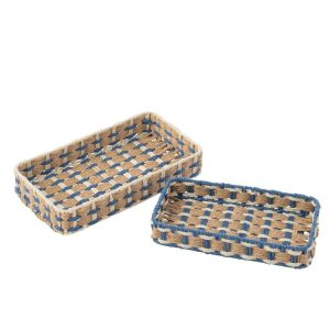 SET OF 2 DECORATIVE TRAY RECTANGLE PAPER NATURAL/BLUE