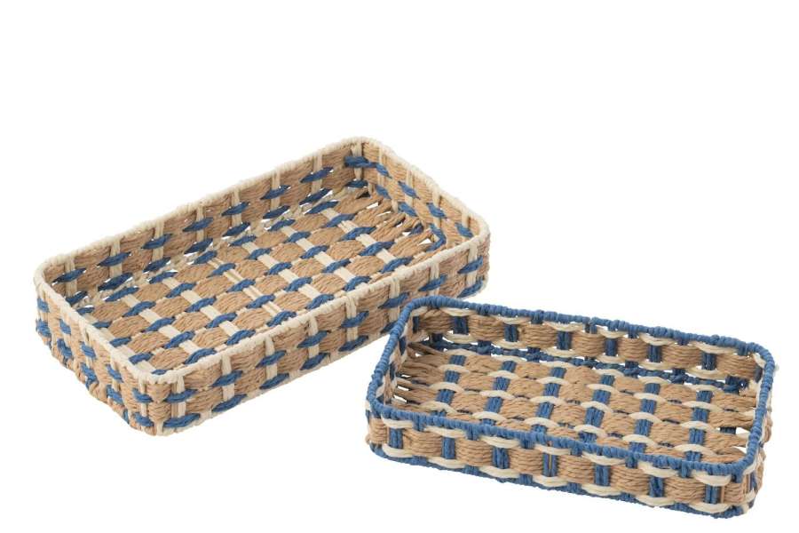 SET OF 2 DECORATIVE TRAY RECTANGLE PAPER NATURAL/BLUE