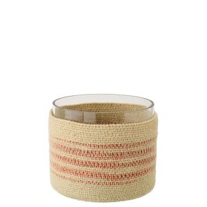 TEALIGHT HOLDER STRIPED SEAGRASS/GLASS NATURAL/DARK ORANGE