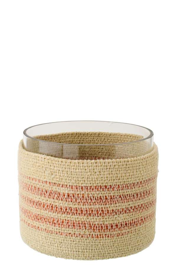 TEALIGHT HOLDER STRIPED SEAGRASS/GLASS NATURAL/DARK ORANGE