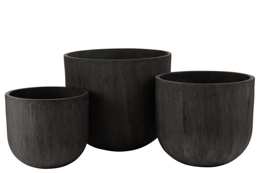 SET OF 3 FLOWERPOTS ROUND CERAMIC HIGH BLACK