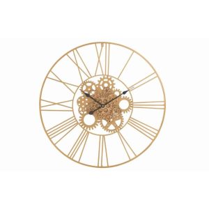 CLOCK ROUND ROMAN NUMERALS GEARS METAL GOLD