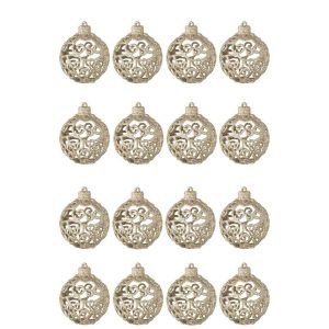 BOX OF 16 CHRISTMAS BAUBLE BAROQUE PATTERN PLASTIC CHAMPAGNE COLORED