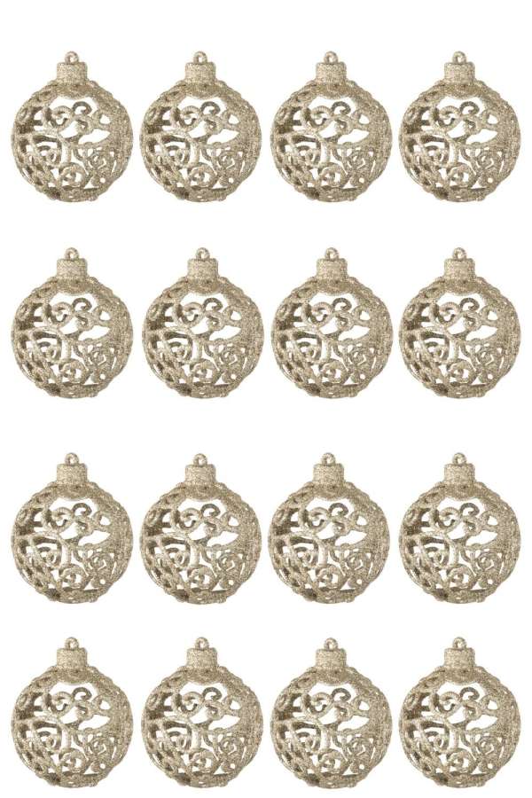 BOX OF 16 CHRISTMAS BAUBLE BAROQUE PATTERN PLASTIC CHAMPAGNE COLORED