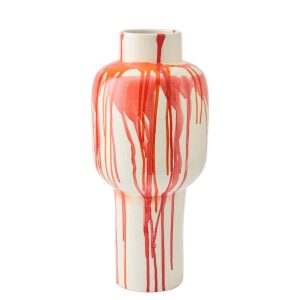 FLOOR VASE STRIPED CERAMIC WHITE/ORANGE