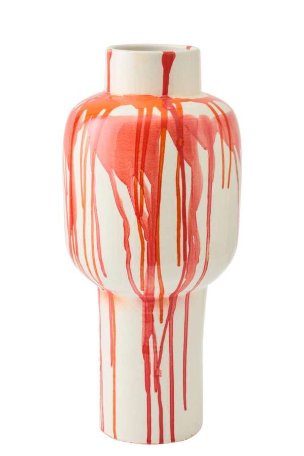 FLOOR VASE STRIPED CERAMIC WHITE/ORANGE